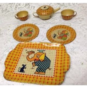 Vintage, Rare, J. Chein, 7pc Childs, Elephant Tin Tea Set